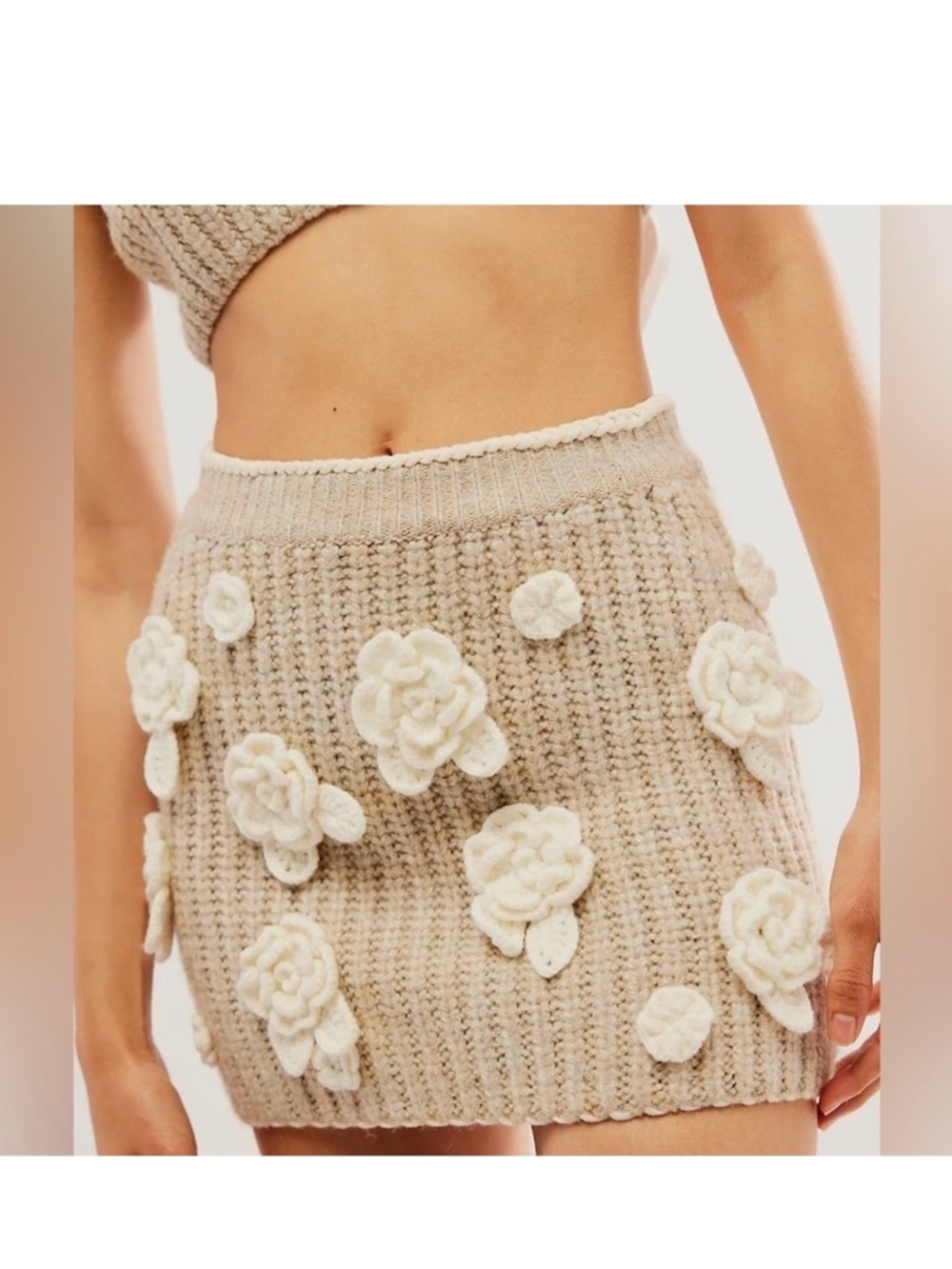 For Love And Lemons Cream Floral Appliqué Knit Mini Skirt